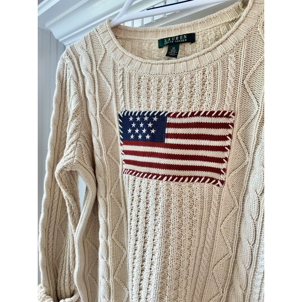 Vtg Ralph Lauren American Flag Aran Cable Knit Sweater 100% Cotton Cream Size M - Picture 3 of 11